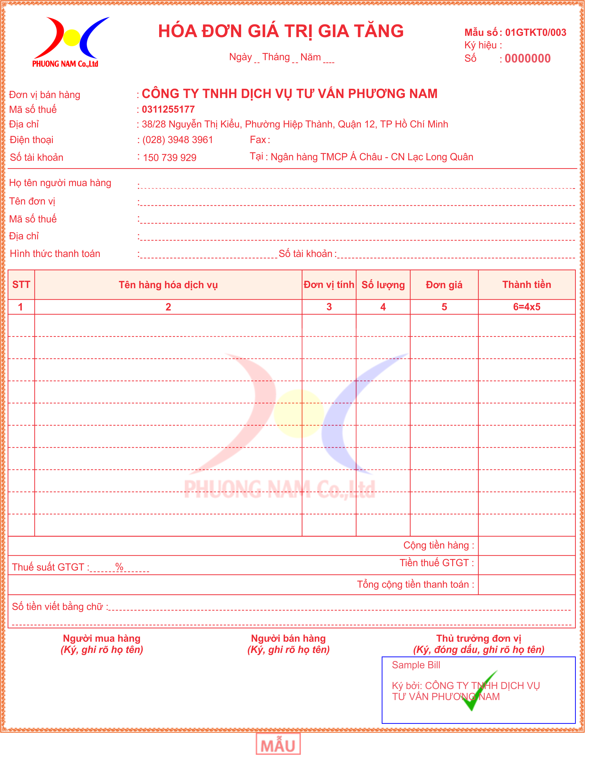 Mẫu 1 - In hóa đơn, Dịch vụ thành lập công ty, Dịch vụ kế toán TP. HCM